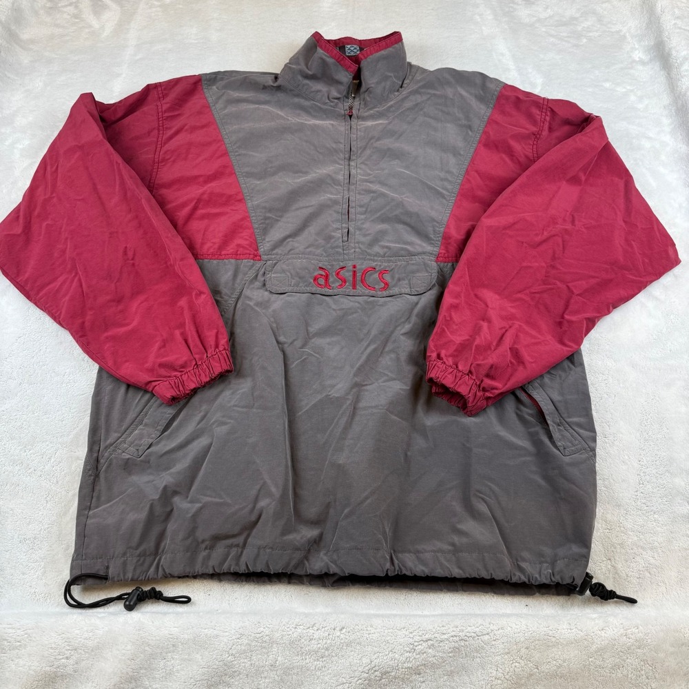 Vintage Asics Pullover‎ Jacket Red Grey Anorak Windbreaker Size M Mens